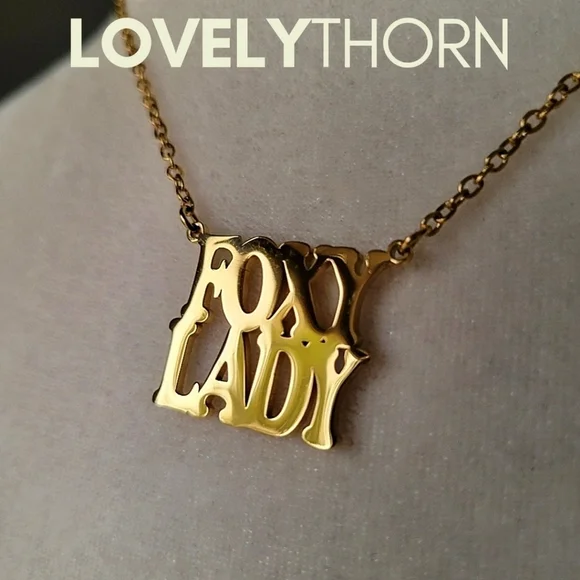 LOVELYTHORN // custom foxy lady 18K gold-plated 16 stainless steel nameplate